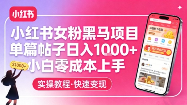 小红书女粉黑马项目，单篇帖子日入1k+，小白零成本上手-心思维创富网_网上创业教程_网络创业项目