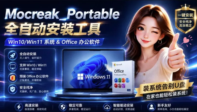 Mocreak全自动安装office和win10、win11系统，告别U盘装系统，使用安全可靠