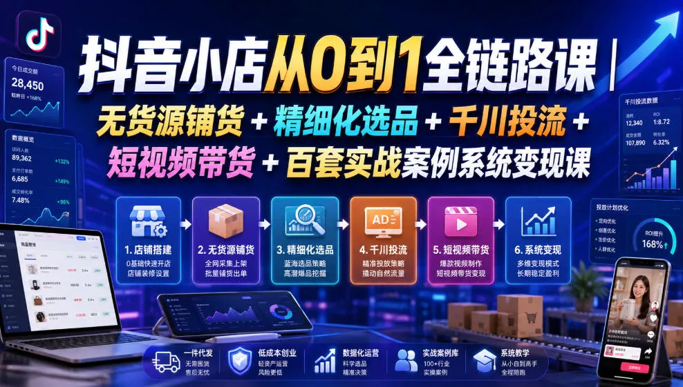 抖音小店从0到1全链路课｜无货源铺货+精细化选品+千川投流+短视频带货+百套实战案例系统变现课(2026年7月更新)-心思维创富网_网上创业教程_网络创业项目