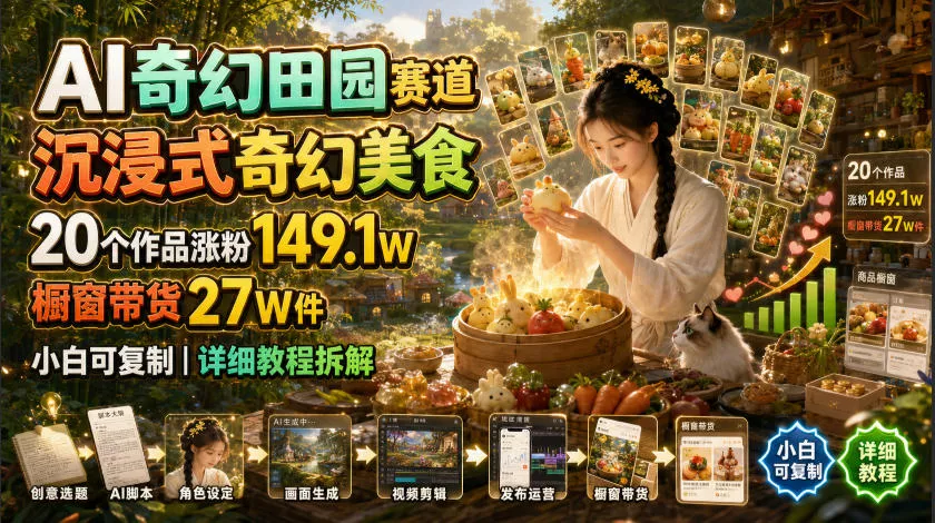 AI奇幻田园赛道，沉浸式奇幻美食，20个作品涨粉149.1W，橱窗带货27W件，小白可复制，详细教程拆解-心思维创富网_网上创业教程_网络创业项目