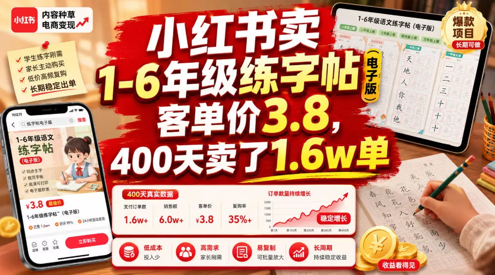 小红书卖1-6年级练字帖(电子版)，客单价3.8，400天卖了1.6w单-心思维创富网_网上创业教程_网络创业项目