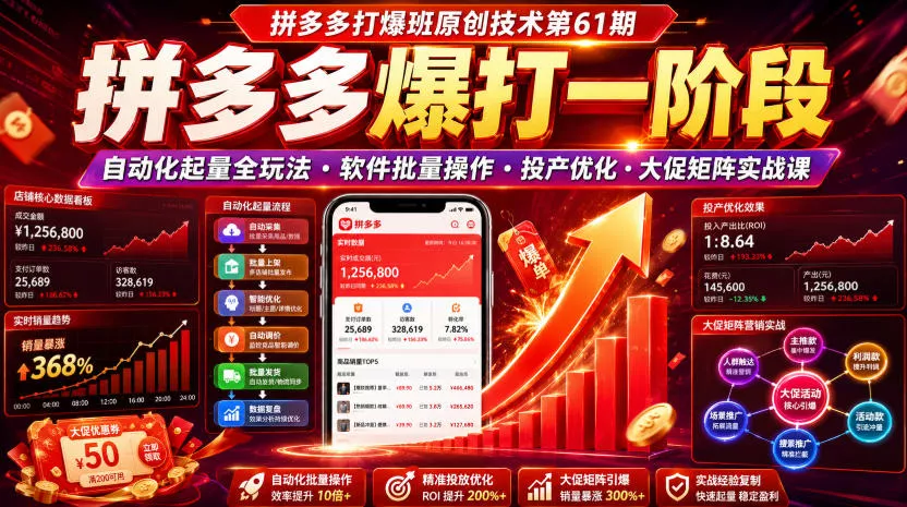 拼多多打爆班原创技术第61期，拼多多爆打一阶段，自动化起量全玩法・软件批量操作・投产优化・大促矩阵实战课-心思维创富网_网上创业教程_网络创业项目