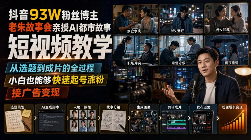 抖音93W粉丝博主老朱故事会亲授AI都市故事短视频教学，从选题到成片的全过程，小白也能够快速起号涨粉接广告变现