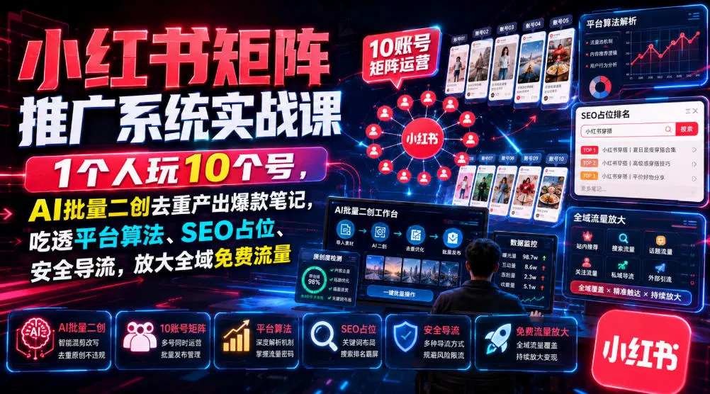 小红书矩阵推广系统实战课｜1个人玩10个号，AI批量二创去重产出爆款笔记，吃透平台算法、SEO占位、安全导流，放大全域免费流量-心思维创富网_网上创业教程_网络创业项目
