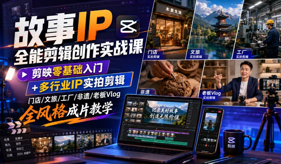 故事IP全能剪辑创作实战课｜剪映零基础入门+多行业IP实拍剪辑，门店/文旅/工厂/非遗/老板Vlog全风格成片教学-心思维创富网_网上创业教程_网络创业项目