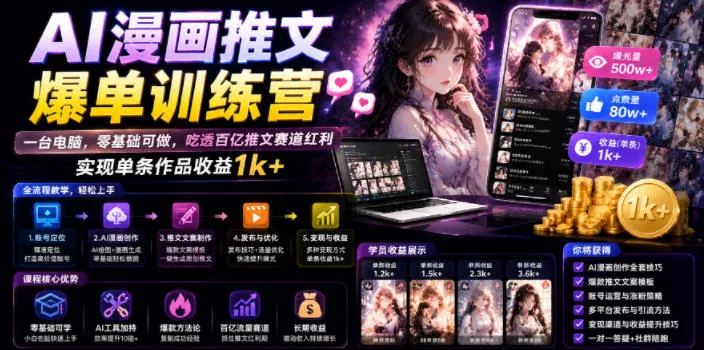 AI漫画推文爆单训练营，一台电脑，零基础可做，吃透百亿推文赛道红利，实现单条作品收益1k+-心思维创富网_网上创业教程_网络创业项目