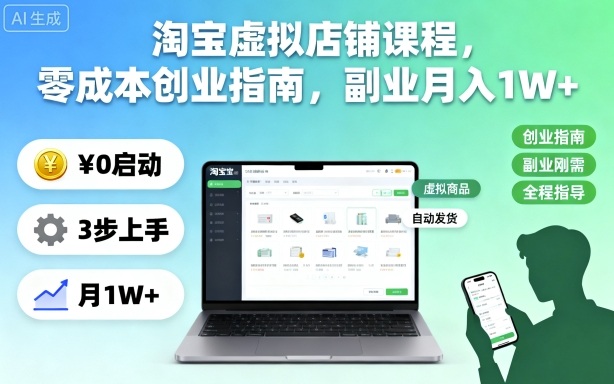 淘宝虚拟店铺课程，零成本创业指南，副业月入1W+-心思维创富网_网上创业教程_网络创业项目