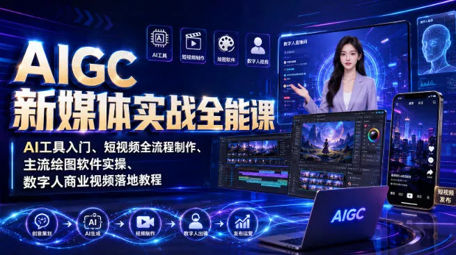 AIGC新媒体实战全能课｜AI工具入门、短视频全流程制作、主流绘图软件实操、数字人商业视频落地教程-心思维创富网_网上创业教程_网络创业项目