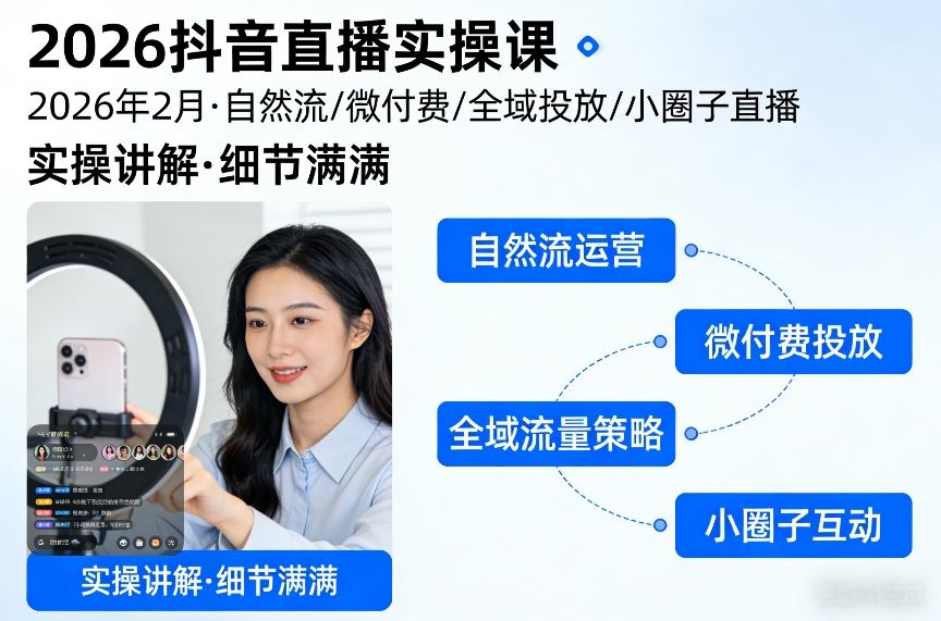 2026抖音直播实操课2026年2月，自然流、微付费、全域投放、小圈子直播，实操讲解，细节满满-心思维创富网_网上创业教程_网络创业项目