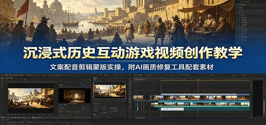 沉浸式历史互动游戏视频创作教学：文案配音剪辑蒙版实操，附AI画质修复工具配套素材-心思维创富网_网上创业教程_网络创业项目