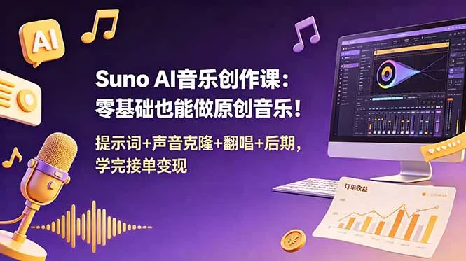 Suno AI音乐创作课：零基础也能做原创音乐！提示词+声音克隆+翻唱+后期，学完接单变现-心思维创富网_网上创业教程_网络创业项目
