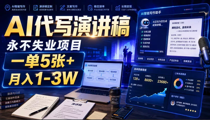 AI代写演讲稿，永不失业项目，一单5张+，月入1-3W【揭秘】-心思维创富网_网上创业教程_网络创业项目