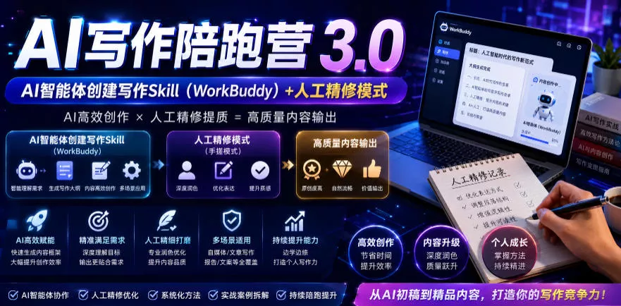 AI写作陪跑营3.0，Ai智能体创建写作skill(workbuddy)+人工手写模式(手搓模式)，去除AI痕迹(头条号、公众号、百家号)(更新0806)
