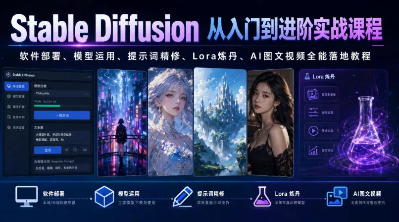 Stable Diffusion从入门到进阶实战课程｜软件部署、模型运用、提示词精修、Lora炼丹、AI图文视频全能落地教程-心思维创富网_网上创业教程_网络创业项目