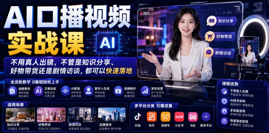 AI口播视频实战课，不用真人出镜，不管是知识分享、好物带货还是剧情访谈，都可以快速落地-心思维创富网_网上创业教程_网络创业项目