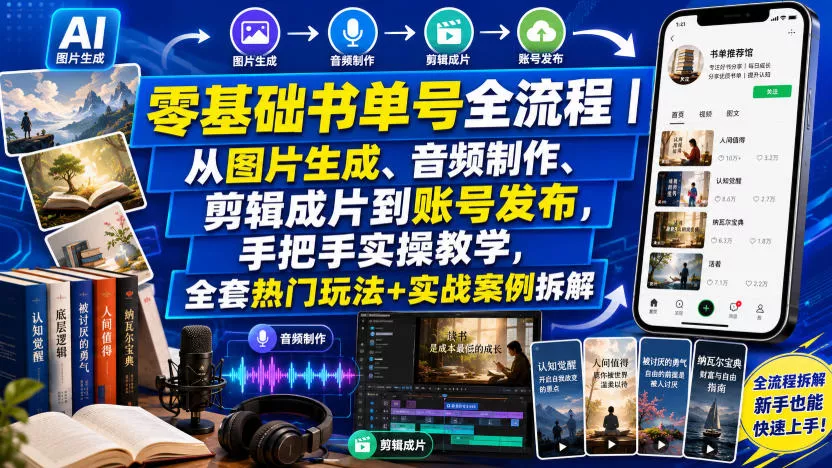 零基础书单号全流程｜从图片生成、音频制作、剪辑成片到账号发布，手把手实操教学，全套热门玩法+实战案例拆解-心思维创富网_网上创业教程_网络创业项目