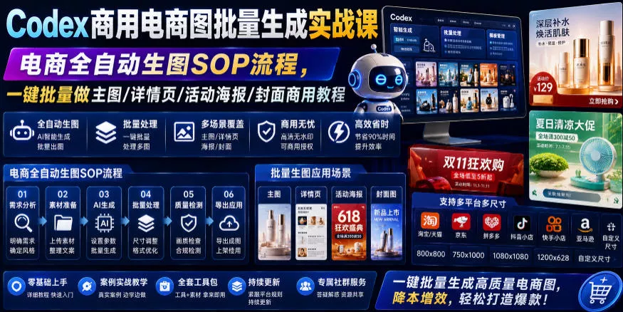 Codex商用电商图批量生成实战课｜电商全自动生图SOP流程，一键批量做主图/详情页/活动海报/封面商用教程-心思维创富网_网上创业教程_网络创业项目