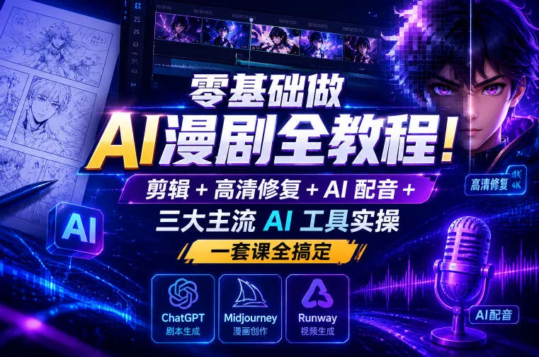 零基础做AI漫剧全教程！剪辑+高清修复+AI配音+三大主流AI工具实操，一套课全搞定-心思维创富网_网上创业教程_网络创业项目