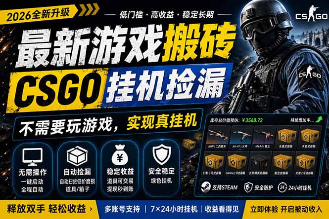 最新游戏搬砖，CSGO纯挂机，不需要玩游戏，实现真挂机，月入1W+，五一小高峰上车可吃肉，…-心思维创富网_网上创业教程_网络创业项目