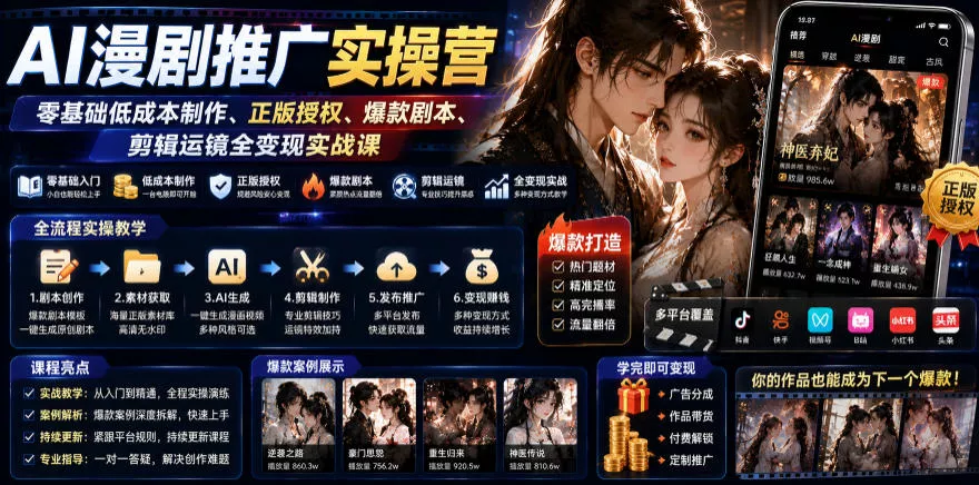 AI漫剧推广实操营｜零基础低成本制作、正版授权、爆款剧本、剪辑运镜全变现实战课-心思维创富网_网上创业教程_网络创业项目