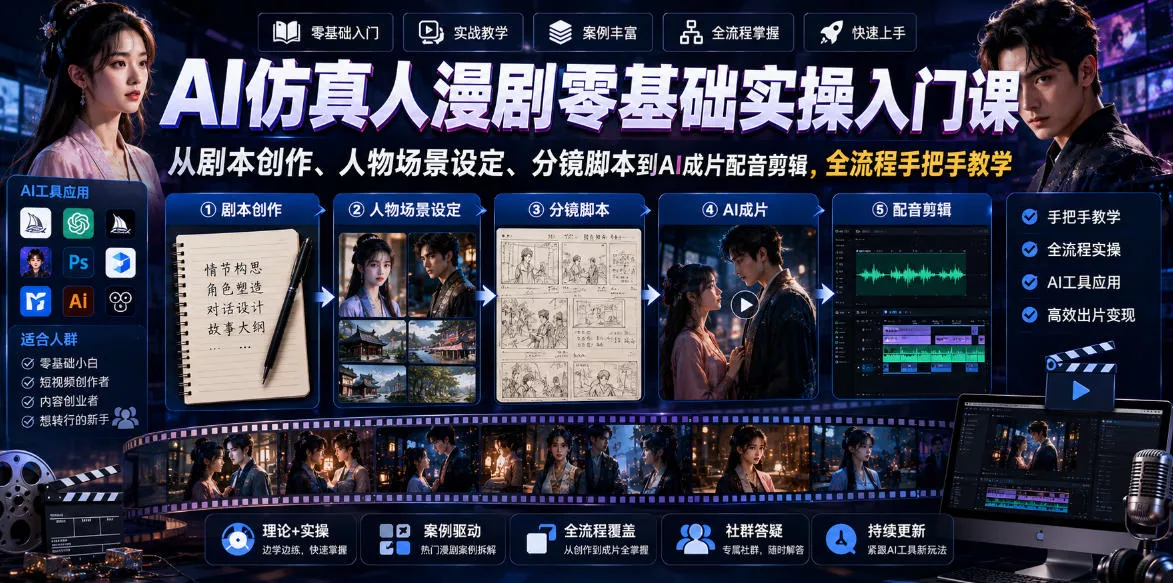 AI仿真人漫剧零基础实操入门课，从剧本创作、人物场景设定、分镜脚本到AI成片配音剪辑，全流程手把手教学-心思维创富网_网上创业教程_网络创业项目