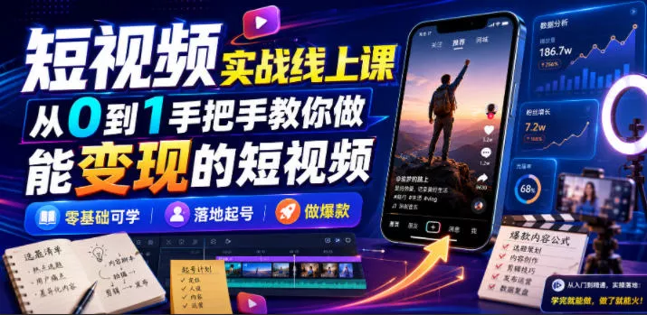 短视频实战线上课，从0到1手把手教你做能变现的短视频，零基础可学，落地起号做爆款-心思维创富网_网上创业教程_网络创业项目