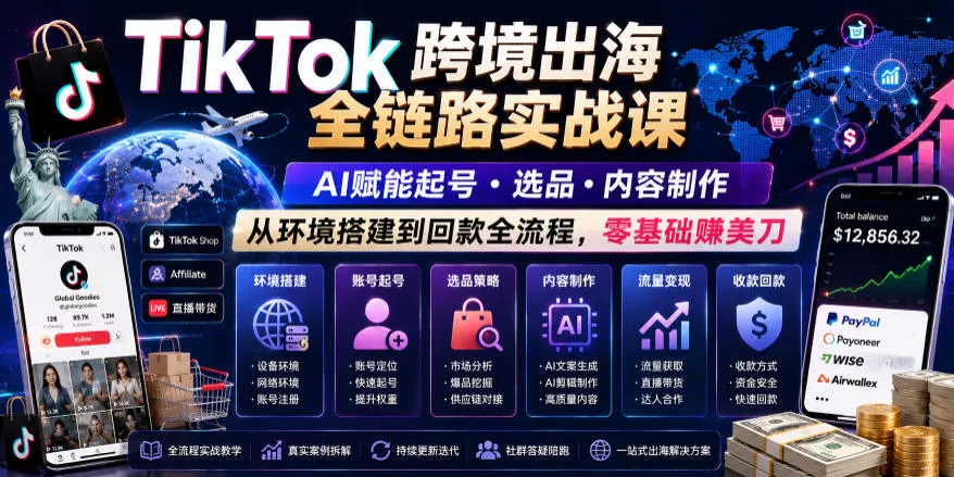 TikTok跨境出海全链路实战课，AI赋能起号・选品・内容制作，从环境搭建到回款全流程，零基础賺美刀-心思维创富网_网上创业教程_网络创业项目