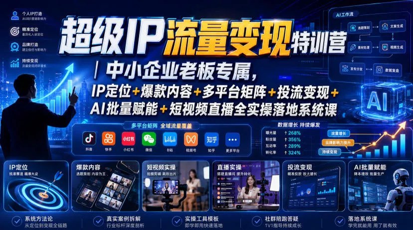 超级IP流量变现特训营｜中小企业老板专属，IP定位+爆款内容+多平台矩阵+投流变现+AI批量赋能+短视频直播全实操落地系统课-心思维创富网_网上创业教程_网络创业项目