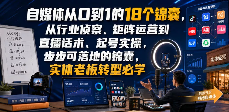 自媒体从0到1的18个锦囊，从行业侦察、矩阵运营到直播话术、起号实操，步步可落地的锦囊，实体老板转型必学-心思维创富网_网上创业教程_网络创业项目