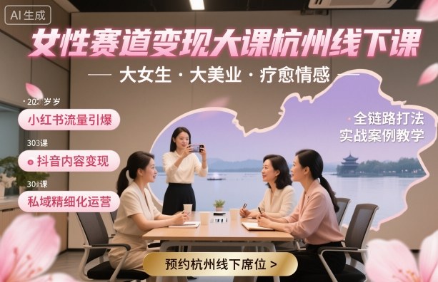 女性赛道变现大课杭州线下，大女生，大美业，疗愈情感，一套小红书、抖音、私域全链路打法-心思维创富网_网上创业教程_网络创业项目