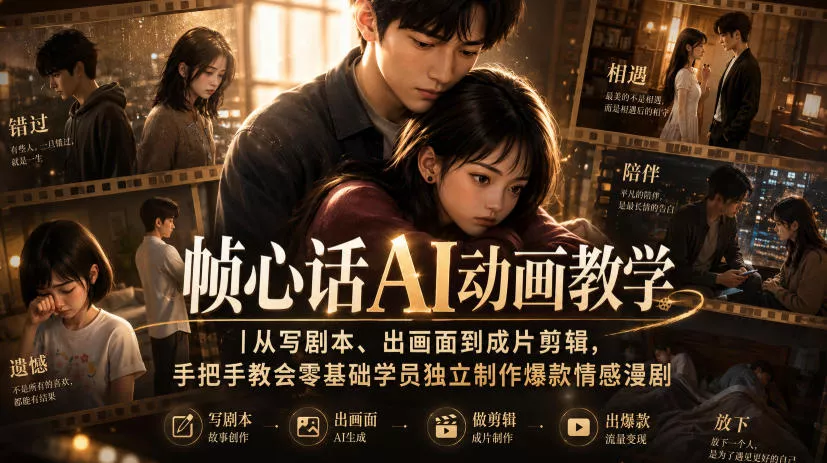 帧心话AI动画教学｜从写剧本、出画面到成片剪辑，手把手教会零基础学员独立制作爆款情感漫剧-心思维创富网_网上创业教程_网络创业项目