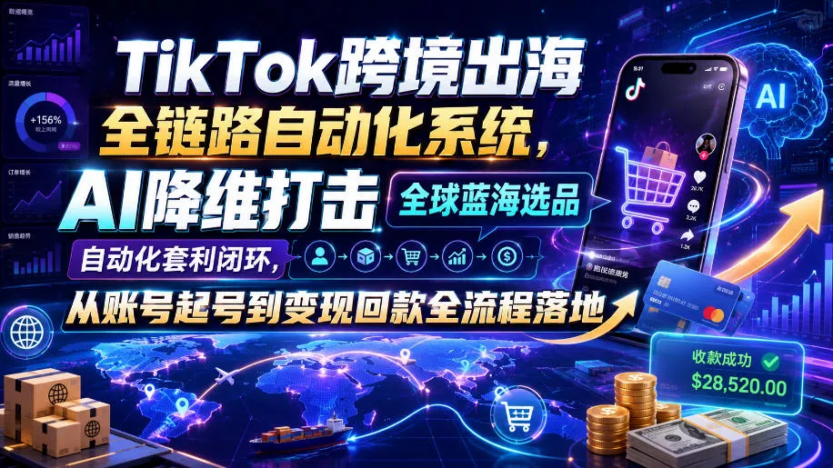 TikTok跨境出海全链路自动化系统，AI降维打击全球蓝海选品自动化套利闭环，从账号起号到变现回款全流程落地(2026年7月)-心思维创富网_网上创业教程_网络创业项目