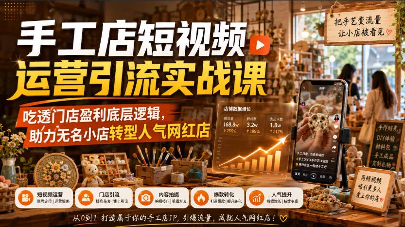 手工店短视频运营引流实战课，吃透门店盈利底层逻辑，助力无名小店转型人气网红店-心思维创富网_网上创业教程_网络创业项目