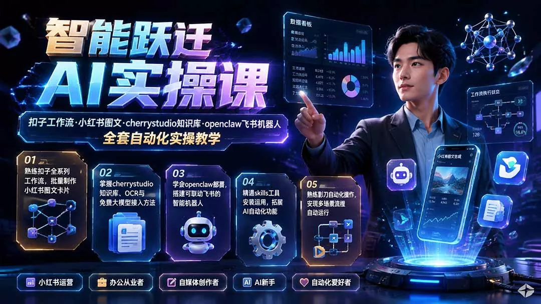 智能跃迁 AI实操课｜扣子工作流小红书图文搭建，cherrystudio知识库openclaw飞书机器人全套自动化实操教学-心思维创富网_网上创业教程_网络创业项目