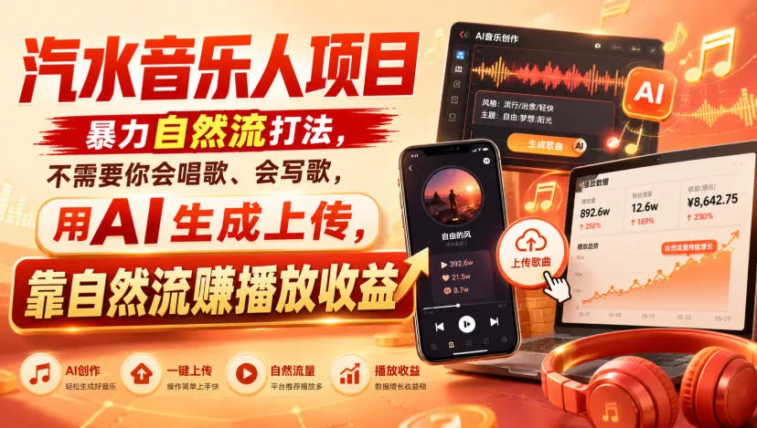汽水音乐人项目，暴力自然流打法，不需要你会唱歌、会写歌，用AI生成上传，靠自然流賺播放收益