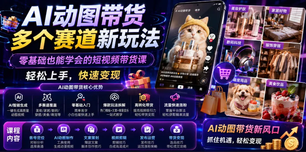 AI动图带货多个赛道新玩法，零基础也能学会的短视频带货课，轻松上手，快速变现-心思维创富网_网上创业教程_网络创业项目