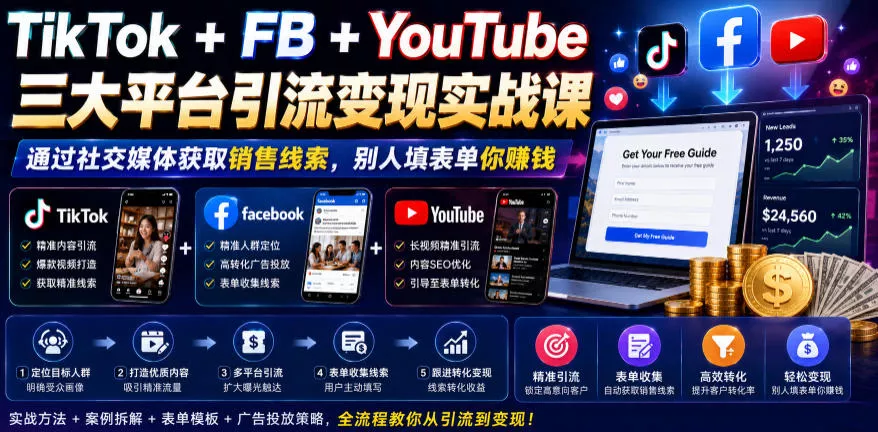 TikTok+FB+YouTube三大平台引流变现实战课，通过社交媒体获取销售线索，别人填表单你賺钱【原创双语字幕】-心思维创富网_网上创业教程_网络创业项目