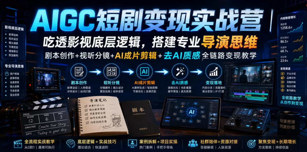 AIGC短剧变现实战营｜吃透影视底层逻辑，搭建专业导演思维，剧本创作+视听分镜+AI成片剪辑+去AI质感全链路变现教学-心思维创富网_网上创业教程_网络创业项目
