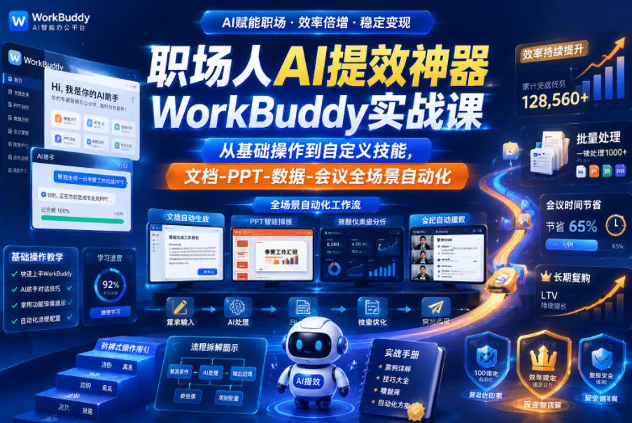 职场人AI提效神器WorkBuddy实战课，从基础操作到自定义技能，文档-PPT-数据-会议全场景自动化-心思维创富网_网上创业教程_网络创业项目