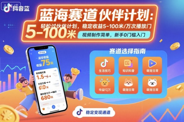 抖音蓝海赛道，轻松过伙伴计划，视频制作简单，万次播放收益在5-100米，稳定收益-心思维创富网_网上创业教程_网络创业项目