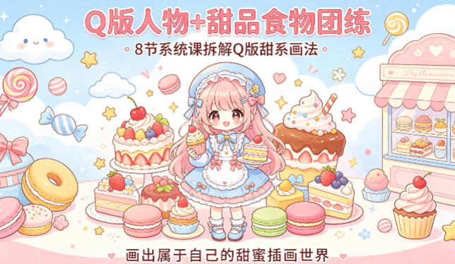 Q版人物+甜品食物团练，8节系统课拆解Q版甜系画法，画出属于自己的甜蜜插画世界-心思维创富网_网上创业教程_网络创业项目