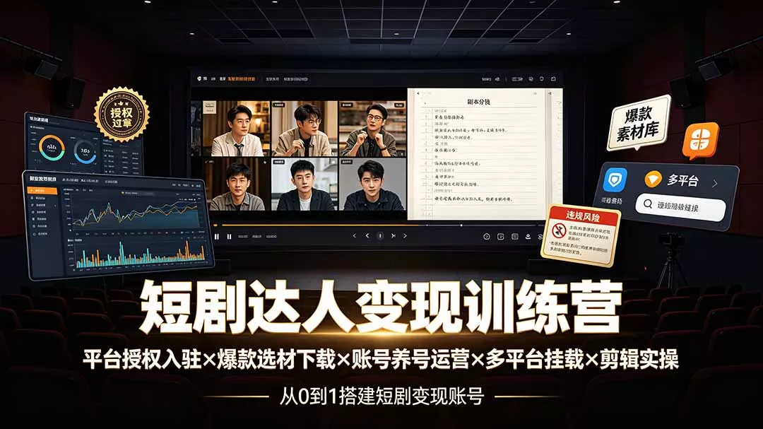 短剧达人变现训练营：平台授权入驻×爆款选材下载×账号养号运营×多平台挂载×剪辑实操×违规处理全流程-心思维创富网_网上创业教程_网络创业项目