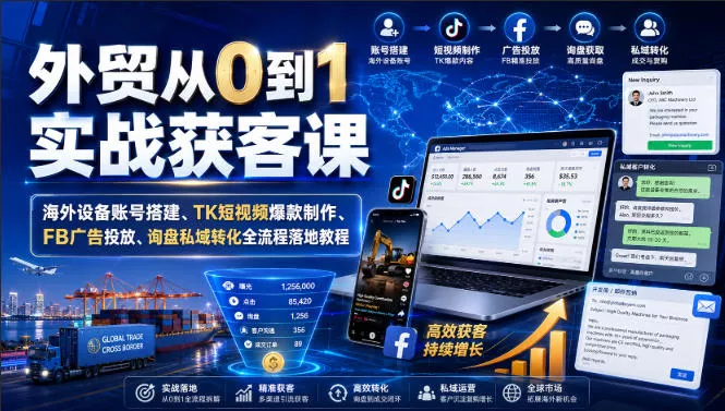 外贸从0到1实战获客课｜海外设备账号搭建、TK短视频爆款制作、FB广告投放、询盘私域转化全流程落地教程-心思维创富网_网上创业教程_网络创业项目