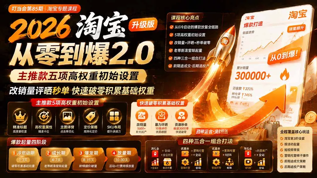 2026淘宝从零到爆2.0第85期；主推款五项高权重初始设置，改销量评晒秒单快速破零积累基础权重-心思维创富网_网上创业教程_网络创业项目