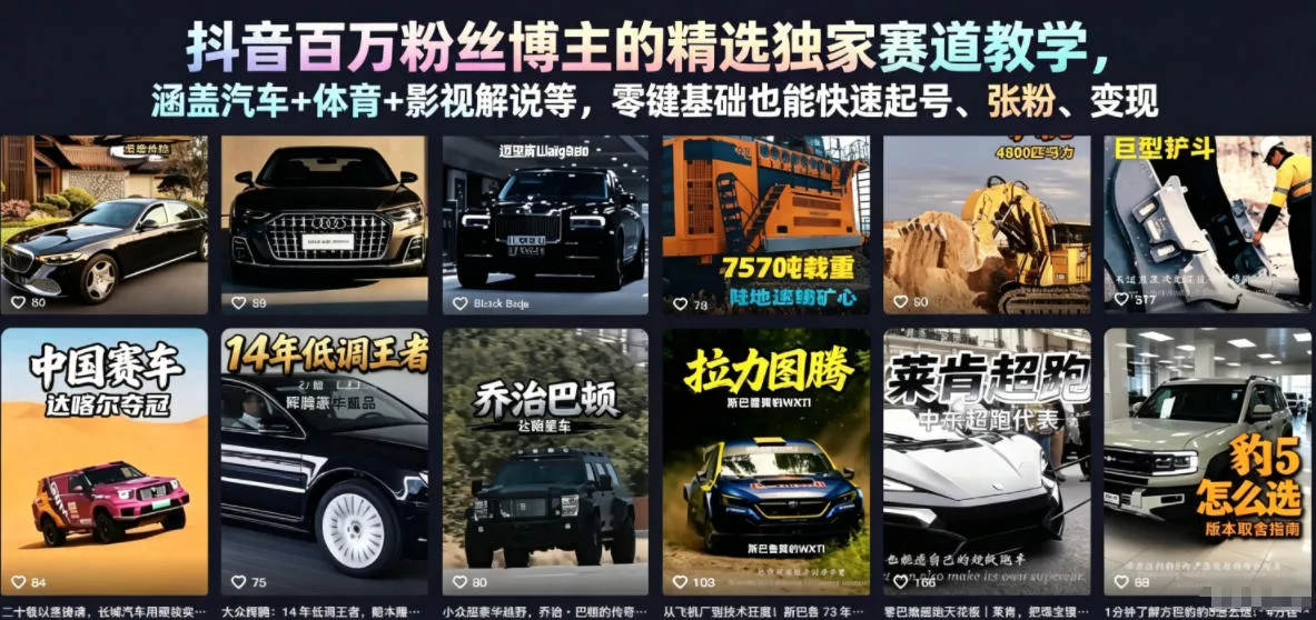抖音百万粉丝博主的精选独家赛道教学，涵盖汽车+体育+影视解说等，零基础也能快速起号、涨粉、变现(更新0701)-心思维创富网_网上创业教程_网络创业项目