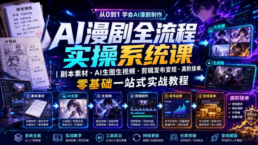 AI漫剧全流程实操系统课｜剧本素材・AI生图生视频・剪辑发布变现・高阶接单，零基础一站式实战教程-心思维创富网_网上创业教程_网络创业项目