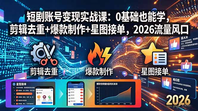 短剧账号变现实战课：0基础也能学，剪辑去重+爆款制作+星图接单，2026流量风口-心思维创富网_网上创业教程_网络创业项目