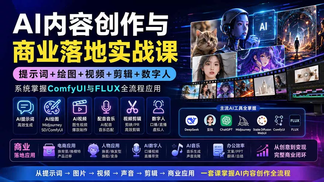 AI内容创作与商业落地实战课：提示词+绘图+视频+剪辑+数字人，系统掌握ComfyUI与FLUX全流程应用-心思维创富网_网上创业教程_网络创业项目