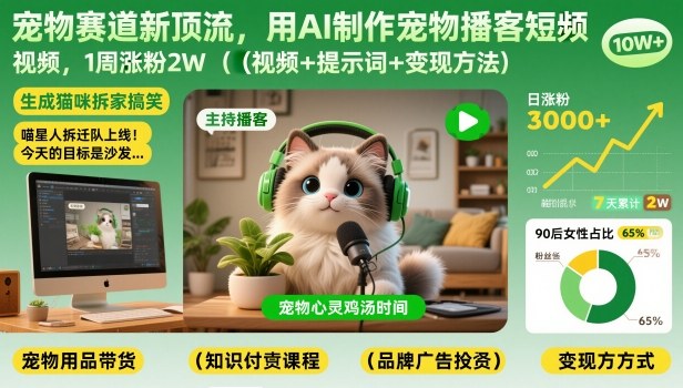 宠物赛道新顶流，用AI制作宠物播客短视频，1周涨粉2W(视频+提示词+变现方法)-心思维创富网_网上创业教程_网络创业项目