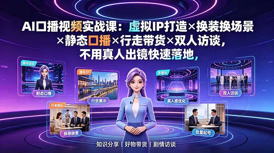 AI口播视频实战课：虚拟IP打造×换装换场景×静态口播×行走带货×双人访谈，不用真人出镜快速落地-心思维创富网_网上创业教程_网络创业项目